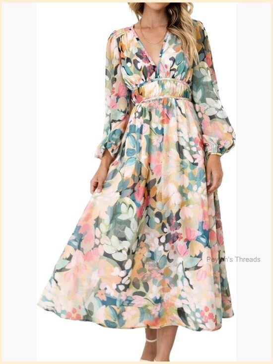 Dresses & Skirts - Elegant Wedding Guest Maxi Dress Long Sleeve V-Neck Puff Sleeve Boho Flowy